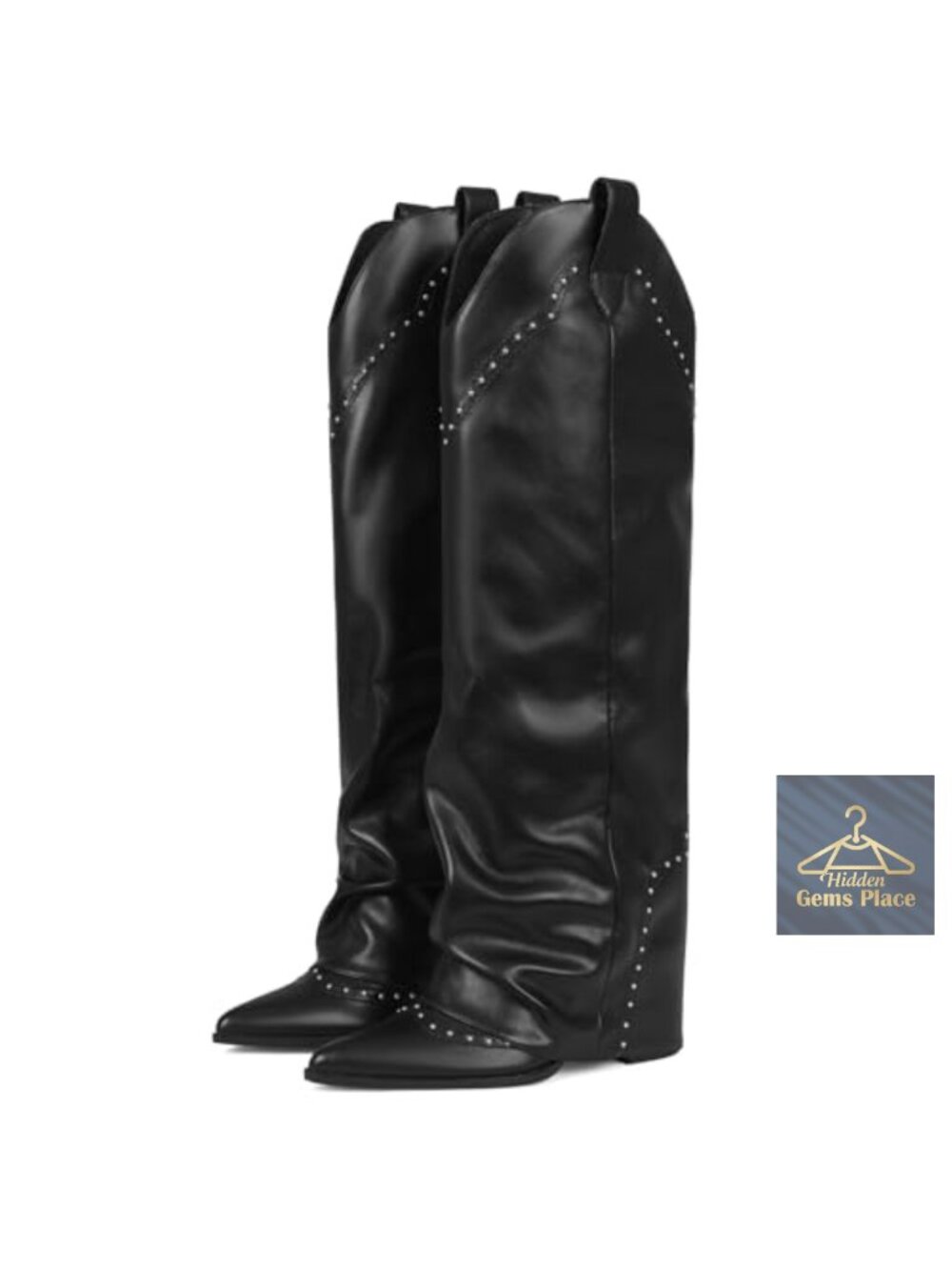 Knee High Cowgirl Boots Fold Over Vegan Leather Chunky Heel Snip Toe